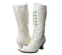 Mittelalterliche Damen Stiefel - PU Leder Steampunk Stiefel - Palace Noble Vintage Lace Mid Calf Boot - Western Cowboy Boots Schuhe Schnürschuhe Herbst Winter Cosplay Ritter Stiefel,Weiß,42