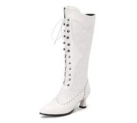 Mittelalterliche PU Leder Steampunk Stiefel - Damen Retro Ritter Stiefel - Western Cowboy Stiefel Schuhe Ritter Stiefel - PU Leder Schnürschuhe Mode Cosplay Schuhe mit hohen Absätzen (white,40)
