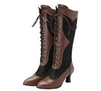 Mittelalterliche PU Leder Steampunk Stiefel - Damen Retro Ritter Stiefel - Western Cowboy Stiefel Schuhe Ritter Stiefel - PU Leder Schnürschuhe Mode Cosplay Schuhe mit hohen Absätzen (brown,39)