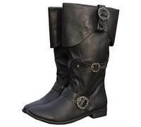 Mittelalterliche Ritterstiefel für Erwachsene Cosplay - Wikinger Retro Langschaft Leder Manschettenschuhe - PU Leder Stiefel Renaissance Plus Size Stiefel Schuhe mit Gürtelschnalle,Schwarz,48