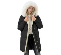 Mittellanger Damen-Wintermantel mit verdicktem Fleece, haariger Kragen, Pufferjacke mit Kapuze, wattierte Baumwolloberbekleidung für tägliche und lässige Aktivitäten (XXL, Schwarz)