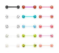 MixPiercing 15 Stk Kunststoff Zungenpiercing Set, Flexible Piercing Stäbe mit Acryl Silikon Glitzerkugel 16mm 14G (1,6mm)