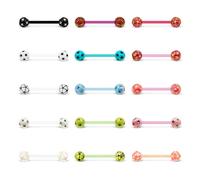 MixPiercing 15 Stück Zungenpiercing Kunststoff Brustpiercing Plastik Set, Acryl Silikon Fußball Glitzerkugel mit Flexibel Stab 16mm 14G (1,6mm)