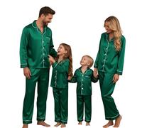 Miyanuby Weihnachts-Pyjamas für Familie Passendes Satin-Seide-Weihnachts-Pyjama-Set Weihnachts-Pjs Knopfleiste Nachtwäsche Nachtwäsche für Frauen Männer Paare Erwachsene, Solid Green, 7-8 Years