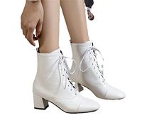 MIYYO Damen Schnür Kurze Stiefel Retro Spitz Ankle Boots,Britischerstil Stiefeletten Mit Blockabsatz,PU-Leder Biker Booties,Herbst Winter Warme Knöchel Schuhe Für Party (Color : White, Size : 37 EU)