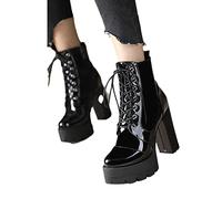 MIYYO Damen Stiefeletten Mit Blockabsatz Plateau Punk Schnürstiefel Gothic Chelsea Boots Sexy Lackleder High Heels Kurze Stiefel Herbst Winter Biker Booties (Color : Black, Size : 39 EU)