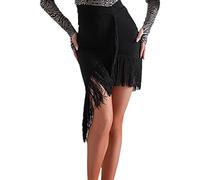 MIYYO Elegant Latein Tanzröcke Für Damen Klassisch Latin Dance Skirt Mit Irregulär Quaste Frauen Sexy Package Hip Tanz Kurzer Rock Für Rumba Samba Tango Jazz (Color : Black, Size : S)