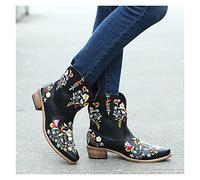 MIYYO Plus Size Stiefeletten Damen Blumen Bestickte Kurz Stiefel Herbst Combat Ankle Boots Retro Western Cowboy Booties Winter PU-Leder Wasserdicht Slip-on Schneestiefel (Color : Black, Size : 41 EU)