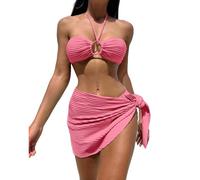 MJGkhiy Bikini Damen Meer Push Up Bandeau Bademode Strand Halter Gepolsterter BH und String Hohe Taille Brasilianische Elegant Curvy Badeanzug 3 Stück Schwimmen Swimsuit Spa Swimwear, Warmes Rosa., M