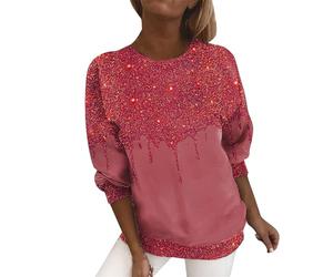 MJGkhiy Bluse Damen Elegant Pailletten Curvy Glitzer Tee Blusen Casual Tunika Neujahr Cocktailhemd V-Ausschnitt T-Shirt Zeremonie T-Shirt Übergrößen Kleidung Angebote, rot, 54