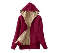 MJGkhiy Damen-Fleecejacke Teddy Casual Hoodies Elegant Mantel mit Fleece gefüttert Warm Plüsch Winter mit Reißverschluss Weiche Sweatjacke Schwere Jacke mit Tasche, Wein, 52