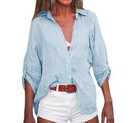 MJGkhiy Damen-Hemd aus Baumwolle und Leinen, weiß, Oversize-Bluse, Knöpfe, Boho-Stil, gebogen, bequemer V-Ausschnitt, Langarm-T-Shirt, hellblau, X-Large