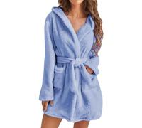 MJGkhiy Damen-Morgenmantel aus Fleece, warm, langärmelig, Plüsch, Bademäntel, Baumwolle, mit Kapuze, kurvig, Nachthemd, Loungewear Flanell, Bademantel, blau, S