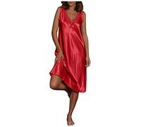MJGkhiy Damen Nachthemd Sommer Lang Ärmellos Nachtwäsche V-Ausschnitt Elastische Nachtwäsche mit Trägern Unterkleid Übergröße Pyjama Kleider Unterkleid Damen Sexy Seide Kurz, rot, M