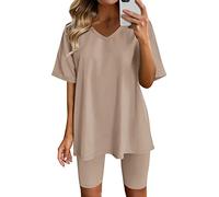 MJGkhiy Damen-Overalls, elegante Angebote, modisch, Set aus Shorts Joggers, Gymnastikanzug, V-Ausschnitt, Strand, zweiteiliger Strampler, Shorts und T-Shirt mit kurzen Shorts für Damen, Khaki, L