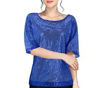 MJGkhiy Damen-T-Shirt, elegant, mit Pailletten, Curvy, Langarm, mit Strasssteinen, große Größen, Rundhals, T-Shirts, Silber, Glitzer, Gold, Silvester, Glitzer, Bluse, Abendshirt, blau, 54