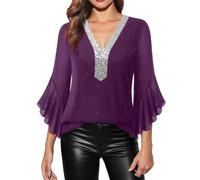 MJGkhiy Damen T-Shirt Elegant Pailletten Glockenärmel Hemd Strass Abend T-Shirt Curvy V-Ausschnitt Pullover Silber Glitzer Gold T-Shirts Zeremonie Glitzer T Shirt Silvester Tops, Violetta, Large
