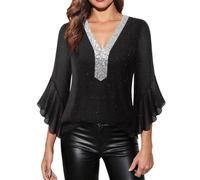 MJGkhiy Damen T-Shirt Elegant Pailletten Glockenärmel Hemd Strass Abend T-Shirt Curvy V-Ausschnitt Pullover Silber Glitzer Gold T-Shirts Zeremonie Glitzer T Shirt Silvester Tops, Schwarz , Medium