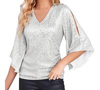 MJGkhiy Damen-Top, elegant, mit Pailletten, große Größen, V-Ausschnitt, Strass-T-Shirt, Langarm, Curvy, Glitzer, Tops, Silvester, Glitzer, Gold, Bluse, Zeremonie, T Shirt, silber / schwarz, XXXL