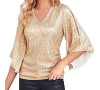MJGkhiy Damen-Top, elegant, mit Pailletten, große Größen, V-Ausschnitt, Strass-T-Shirt, Langarm, Curvy, Glitzer, Tops, Silvester, Glitzer, Gold, Bluse, Zeremonie, T Shirt, roségold, XX-Large