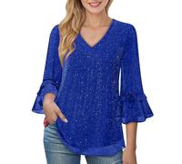 MJGkhiy Damenhemd Elegant Pailletten Silber Glockenärmel Hemd Glitzer Gold Neujahr T-Shirts Übergrößen V-Ausschnitt Bluse Curvy Strass T-Shirt Abend Glitzer Tops Zeremonie T Shirt, blau, Large