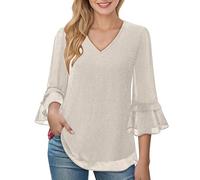 MJGkhiy Damenhemd Elegant Pailletten Silber Glockenärmel Hemd Glitzer Gold Neujahr T-Shirts Übergrößen V-Ausschnitt Bluse Curvy Strass T-Shirt Abend Glitzer Tops Zeremonie T Shirt, beige, X-Large
