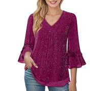 MJGkhiy Damenhemd Elegant Pailletten Silber Glockenärmel Hemd Glitzer Gold Neujahr T-Shirts Übergrößen V-Ausschnitt Bluse Curvy Strass T-Shirt Abend Glitzer Tops Zeremonie T Shirt, Warmes Rosa., Small