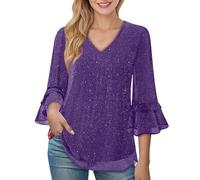 MJGkhiy Damenhemd Elegant Pailletten Silber Glockenärmel Hemd Glitzer Gold Neujahr T-Shirts Übergrößen V-Ausschnitt Bluse Curvy Strass T-Shirt Abend Glitzer Tops Zeremonie T Shirt, Violetta, XX-Large