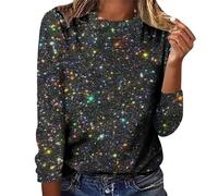 MJGkhiy Damenhemd Elegant Pailletten Silber Langarm Tops Glitzer Weihnachten Hemd Curvy Rundhals T-Shirt Übergrößen Strass Trikot Silvester Glitzer Gold Bluse Zeremonie T-Shirt, Schwarz , Small