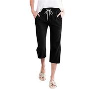 MJGkhiy Damenhose 3 Viertel Große Größen Cropped Atmungsaktive Hose Breites Bein Hohe Taille Baggy Leinen Strandhose Kordelzug Palazzo Hose Bequeme Pilateshose, Schwarz , XL