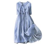 MJGkhiy Damenkleid, elegant, kurvig, Baumwolle und Leinen, kurzärmelig, Midi-Kleid, eleganter Druck, Strandkleid, Strandkleid, Markenkleid, Meer, Kleider, blau, L