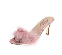MJGkhiy Elegante Damen-Sommerschuhe mit Absatz Sexy Slip On Sandalen Mode Offene Feder Slides Zeremonie Spitze Abend Hausschuhe Kitten Braut High Heel Schuhe Sandalen mit hohem Absatz Kleid, Rosa, 42