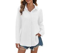 MJGkhiy Elegantes Damenhemd, schwarz, elegante Bluse mit Knöpfen, einfarbig, Übergröße, Langarm-Top, lässiges Oberteil, Leinenhemd, Blusen und Hemden, Frühlingshemd, Arbeitskittel, Weiß, X-Large