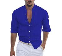 MJGkhiy Herrenhemd aus Leinen, Baumwolle, langärmlig, elegant, mit Knöpfen, Slim Fit, Vintage, Henley, Strand-Shirts, Arbeitskleidung, blau, Large