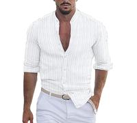 MJGkhiy Herrenhemd aus Leinen, Baumwolle, langärmlig, elegant, mit Knöpfen, Slim Fit, Vintage, Henley, Strand-Shirts, Arbeitskleidung, Weiß, XL