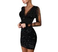 MJGkhiy Kurzes Kleid Grün Pailletten Damen Curvy Abendkleider Elegant Schwarz Weihnachtskleid V-Ausschnitt Kleid für Neujahr Grün Langarm Brautkleider Geburtstag Rot Abendkleider, Schwarz , S