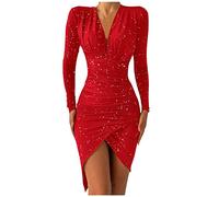 MJGkhiy Kurzes Kleid Grün Pailletten Damen Curvy Abendkleider Elegant Schwarz Weihnachtskleider Langarm Kleid für Neujahr Rot V-Ausschnitt Brautkleider Cocktailkleider Gold Abendkleider, rot, S
