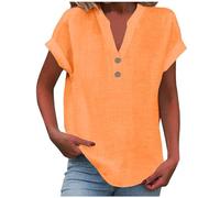 MJGkhiy Leinenhemd für Damen, elegantes T-Shirt mit V-Ausschnitt, Baumwoll-Bluse, Übergröße, kurze Ärmel, klassisches einfarbiges T-Shirt, lässig, weiß, Vintage-Bluse, leichtes Top, Orange, Large