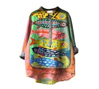 MJGkhiy Leinenhemd für Damen, Sommer, Langarm, Blumenmuster, elegante Bluse, Übergröße, Baumwolle, leichtes T-Shirt mit V-Ausschnitt und Knöpfen, Oversize-Top, Vintage, kurvig, Bluse, A26, X-Large