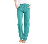 MJGkhiy Leinenhose für Damen, breit, elastisch, bequem, breite Hose aus Baumwolle, einfarbig, leicht, Palazzo-Hose, Strandhose, breites Bein, hohe Taille, weite Hose mit Taschen, blau, XXXL