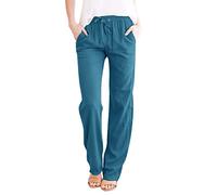 MJGkhiy Leinenhose für Damen, Sommer, elegant, elastisch, breite Hose aus Baumwolle, Strand, hohe Taille, Palazzo-Hose mit Taschen, leichte Hose mit weitem Bein, einfarbige Hose, dunkelblau, XXXL