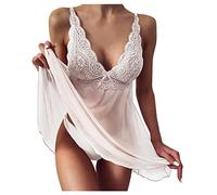 MJGkhiy Nachthemd für Damen, Sommer, ärmellos, Nachtwäsche, Kragen, Pyjama, Babydoll, verstellbarer Riemen, elegante Dessous, Nachtwäsche, sexy transparent, Weiß, L