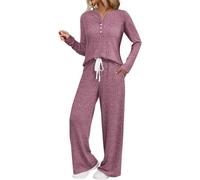 MJGkhiy Schlafanzug für Damen, Winter, Fleece, 2 Stück, lange Pyjamas, warm, Langarmshirt und Curvy-Hose, Plüsch, Lounge, Sleepwear, elegant, weich, bequem, Nachtwäsche, Wein, XXL