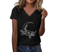 MJGkhiy T-Shirt Damen Kurzarm Elegant Print T-Shirts Yoga Baumwolle T-Shirt Curvy V-Ausschnitt Graphic Tee T-Shirt Sommer Shirts Basic Weiß Lustige Tops Casual Tops, Schwarz , Medium