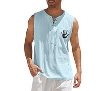 MJGkhiy Tanktops Herren Baumwolle Halbarm Casual Tanktops mit Kordelzug T-Shirt Leinen Gym T Shirt V-Ausschnitt Sommer Sport Tank Top Signature Kleidung, hellblau, XL