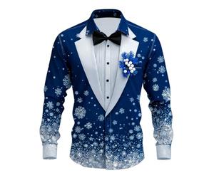 MJGkhiy Weihnachtshemd für Herren, bügelfrei, Slim Fit, lustiges 3D-Druckshirt, Langarm, lässig, Weihnachten, Stretch, elegante Hemden mit Knöpfen, große Größen, blau, XXL