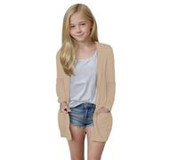 Mjjsk Einfarbige Strickjacken für Kinder, Mädchen, langärmelig, vorne offen, bequem, modisch, leicht, Sommer, weiche Taschen, #-1-Khaki, 11-12 Jahre