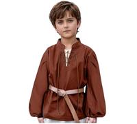 Mjjsk Jungen Mittelalterliches Piratenhemd, Kinder, langärmelig, Retro-Renaissance, Schnürhemd, Tops, traditionelle Cosplay-Shirts, leichte Blusen, coffee, 140