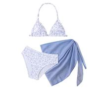 Mjjsk Mädchen-Badeanzug, 3-teilig, Blumen-Bikini-Set mit Wickelrock, für Kinder, Sommer, Strand, Bademode, Urlaub, Schwimm-Outfit, blau, 10-11 Jahre