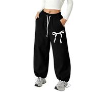 Mjjsk Mädchen-Jogginghose mit weitem Bein, Schleife, lässig, stilvoll, elastisch, hohe Taille, Baggy, Sweathose, bequem, weich, Schulhose, Schwarz , 11-12 Jahre